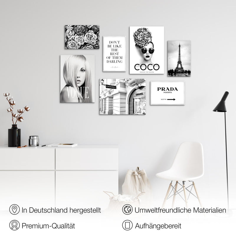 Novart Wandbilder Fashion Coco - KOMPLETT AUFHÄNGFERTIG - Schwarz Weiss Wohnzimmer Schlafzimmer - 7 Moderne Mood-Bilder - N009071a