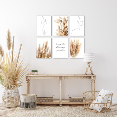 Novart Wandbilder - KEIN EXTRA RAHMEN BENÖTIGT - Wohnzimmer Schlafzimmer - Bilder Modern Boho Pampasgras - Line Art - N012465a