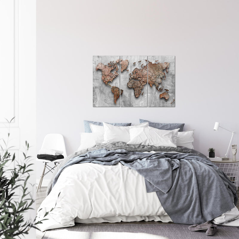 Runa Art Wandbilder Weltkarte 3D Effekt Bild XXL Büro Wohnzimmer Grau Kontinente Stein 120 x 80 cm 3 Teilig 107731a