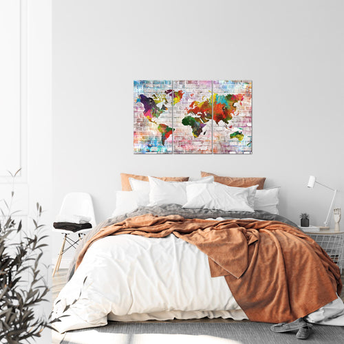 Runa Art Wandbilder Weltkarte Bild XXL Büro Wohnzimmer Bunt Steinoptik Ziegel 120 x 80 cm 3 Teilig 106931a