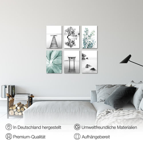 Novart Wandbilder Set Asien Zen See - KOMPLETT AUFHÄNGFERTIG - Made in Germany - Moderne Bilder  Wohnzimmer Schlafzimmer - N004464a