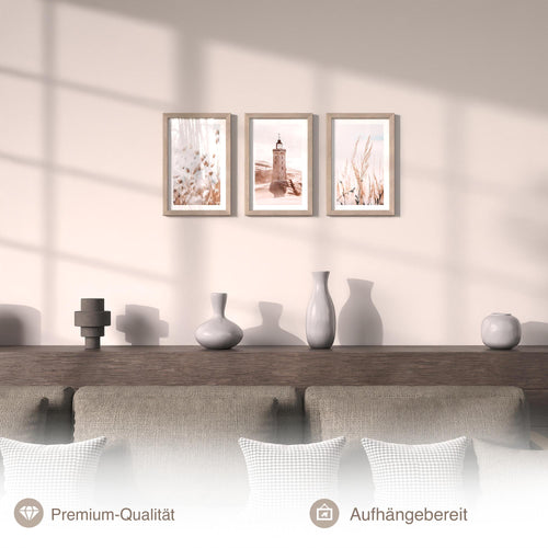 Novart Biler Set Lichtturm Boho Meer - mit Rahmen - Wohnzimmer Schlafzimmer Flur Wanddeko - 3 Wandbilder Beige - N134930aR1