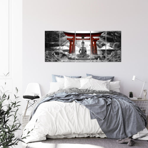 Runa Art Wandbild XXL Feng Shui Buddha Wohnzimmer Schlafzimmer 200 x 80 cm Rot Grau 5 Teilig - Made in Germany - 036455c