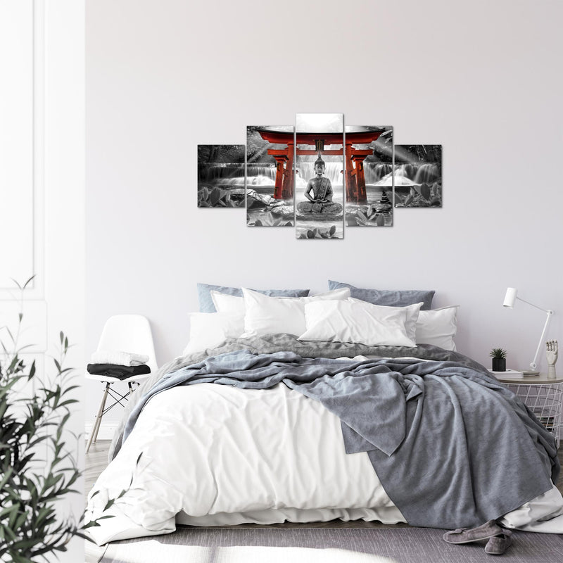 Runa Art Bild Wohnzimmer Schlafzimmer Feng Shui Buddha 5 Teilig Zen Rot Grau Wandbilder auf Vlies Leinwand 036453c