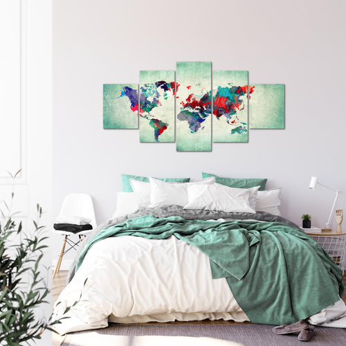 Runa Art - Bilder Weltkarte 200 x 100 cm 5 Teilig XXL Wanddekoration Design Bunt Grün 105151b