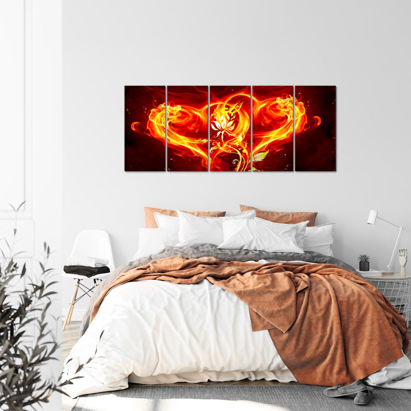 Runa Art Wandbild XXL Feuer Herz Wohnzimmer 200 x 80 cm Rot 5 Teilig - Made in Germany - 102255a