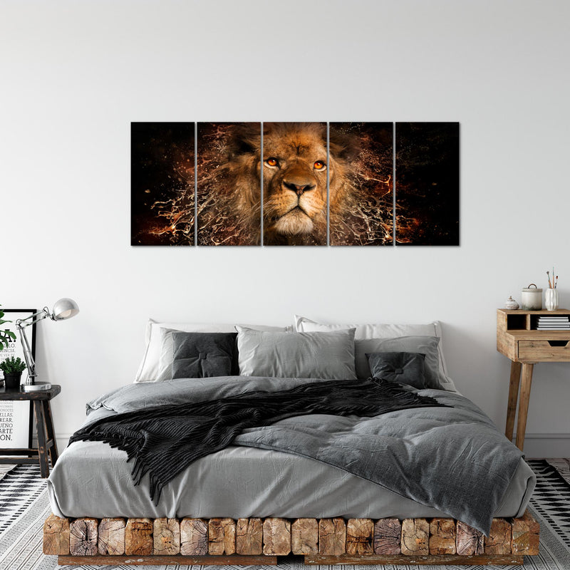 Runa Art Wandbild XXL Afrika Löwe Wohnzimmer Schlafzimmer 200 x 80 cm Schwarz Gold 5 Teilig - Made in Germany - 040755a