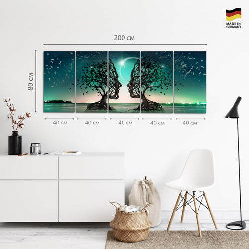 Runa Art Wandbild XXL Liebespaar Wohnzimmer Schlafzimmer 200 x 80 cm Türkis 5 Teilig - Made in Germany - 044855a