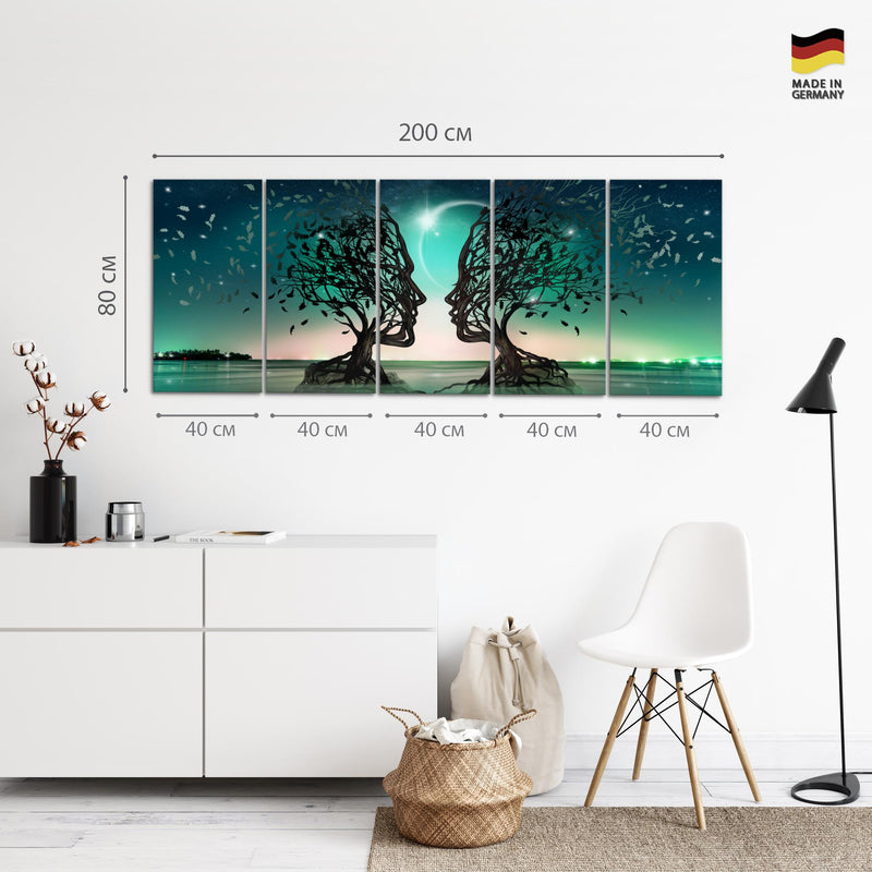 Runa Art Wandbild XXL Liebespaar Wohnzimmer Schlafzimmer 200 x 80 cm Türkis 5 Teilig - Made in Germany - 044855a