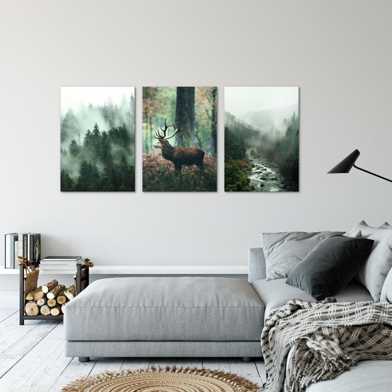 Novart Bilder Set Landschaft - KEIN EXTRA RAHMEN BENÖTIGT - Wandbilder für Wohnzimmer Schlafzimmer Büro - 3 Teilig Deko Waldlandschaft - N004636a