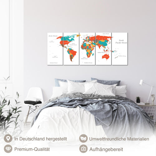 Runa Art Wandbilder XXL Weltkarte Wohnzimmer Schlafzimmer Büro 200L x 80B cm Weltkarte 5 Teilig - Made in Germany - 057255a