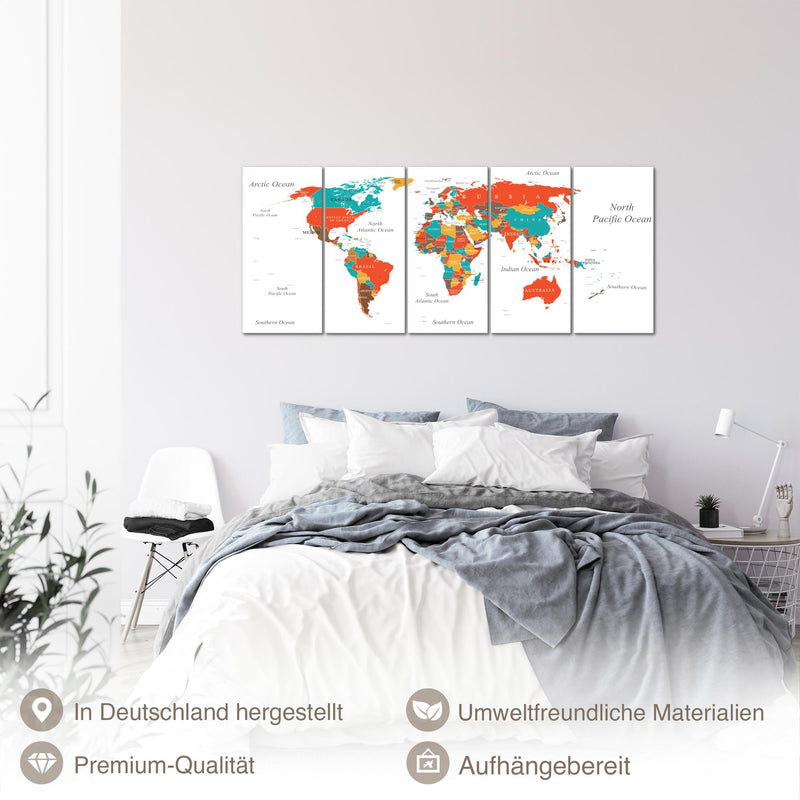 Runa Art Wandbilder XXL Weltkarte Wohnzimmer Schlafzimmer Büro 200L x 80B cm Weltkarte 5 Teilig - Made in Germany - 057255a