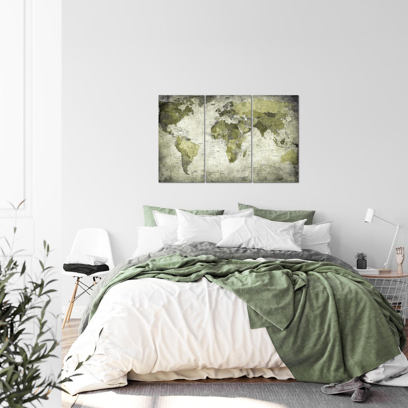 Runa Art Wandbilder Weltkarte Bild XXL Büro Wohnzimmer Grün Vintage Antik 120 x 80 cm 3 Teilig 103431c