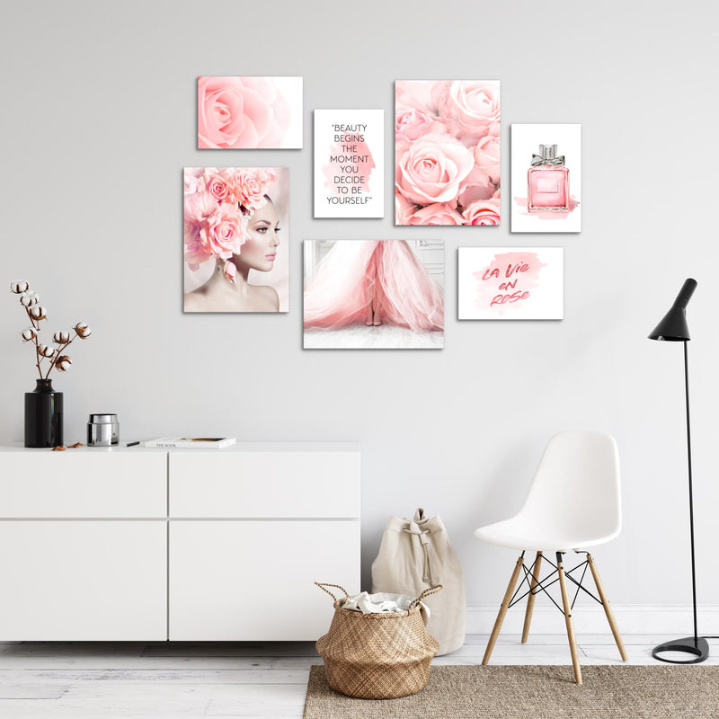 Novart Wandbilder Fashion - KOMPLETT AUFHÄNGFERTIG - Rosa Wohnzimmer Mädchen Teenager - 7 Moderne Mood-Bilder - N008571a