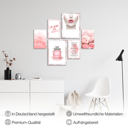 Novart Wandbilder Set Fashion Rosa - KEIN EXTRA RAHMEN BENÖTIGT -  Modern Deko  - Wohnzimmer Mädchen Teenager N015863a