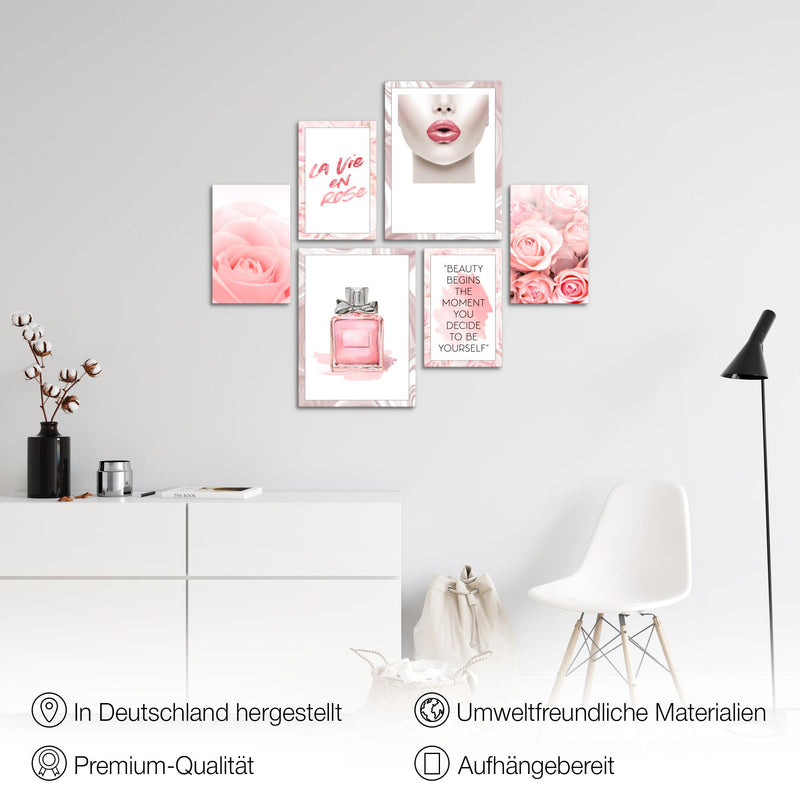 Novart Wandbilder Set Fashion Rosa - KEIN EXTRA RAHMEN BENÖTIGT -  Modern Deko  - Wohnzimmer Mädchen Teenager N015863a