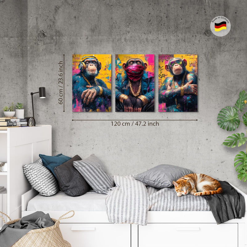 Novart Bilder Set Tiere - KEIN EXTRA RAHMEN BENÖTIGT - Wandbilder für Wohnzimmer Schlafzimmer Büro - 3 Teilig Deko Affe - N040536a