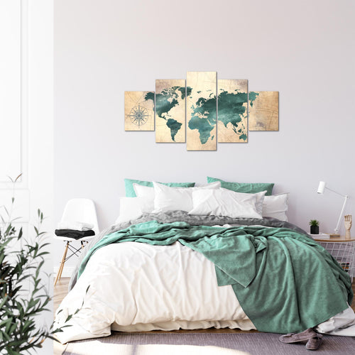 Runa Art Bild Büro Wohnzimmer Weltkarte 5 Teilig Antik Grün braun Wandbilder auf Vlies Leinwand 026053a