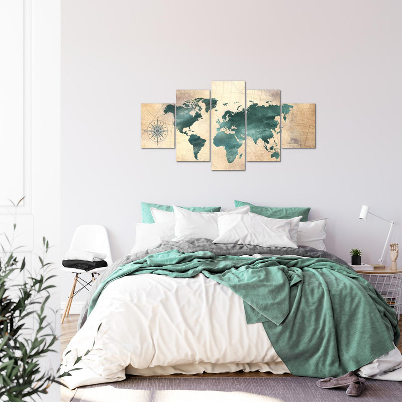 Runa Art Bild Büro Wohnzimmer Weltkarte 5 Teilig Antik Grün braun Wandbilder auf Vlies Leinwand 026053a