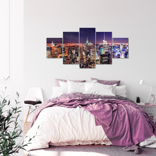 Runa Art - Bilder New York Skyline 200 x 100 cm 5 Teilig XXL Wanddekoration Design Violett Lila 036251a
