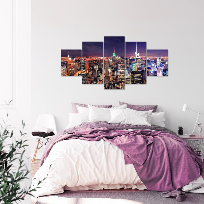 Runa Art - Bilder New York Skyline 200 x 100 cm 5 Teilig XXL Wanddekoration Design Violett Lila 036251a