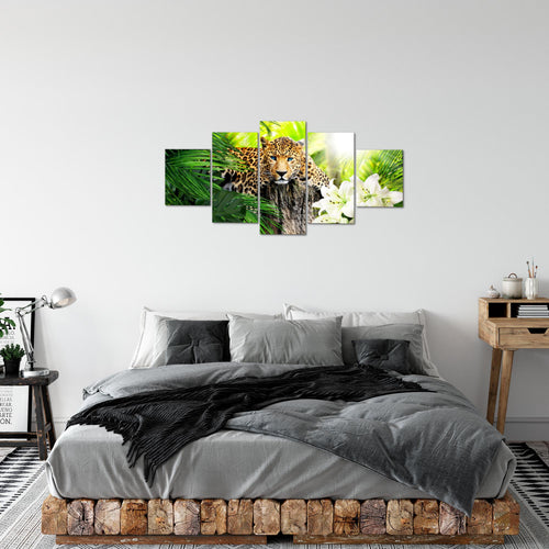 Runa Art Bild Wohnzimmer Schlafzimmer Afrika Leopard 5 Teilig Raubkatze Dschungel Grün Wandbilder auf Vlies Leinwand 006753b