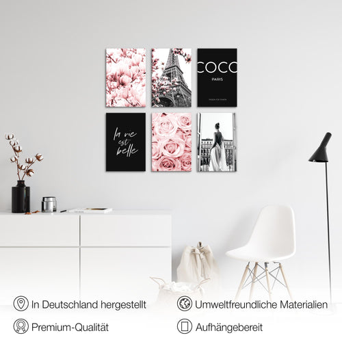 Novart Wandbilder Set Fashion Paris - KOMPLETT AUFHÄNGFERTIG - Made in Germany - Moderne Bilder  Wohnzimmer Mädchen Teenager - N008364a