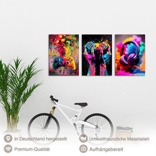Novart Bilder Set Gamer - KEIN EXTRA RAHMEN BENÖTIGT - Wandbilder für Kinderzimmer - 3 Teilig Deko Videospiel - N041236a