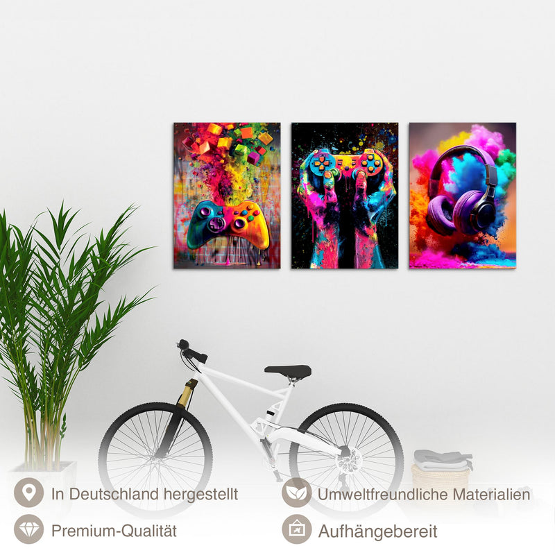 Novart Bilder Set Gamer - KEIN EXTRA RAHMEN BENÖTIGT - Wandbilder für Kinderzimmer - 3 Teilig Deko Videospiel - N041236a