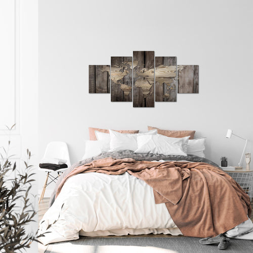 Runa Art Bild Büro Wohnzimmer Weltkarte 5 Teilig Holzoptik Beige Braun Wandbilder auf Vlies Leinwand 035053b