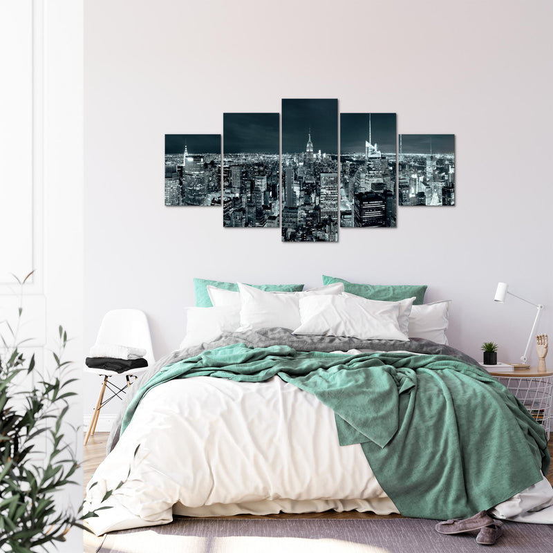 Runa Art - Bilder New York Skyline 200 x 100 cm 5 Teilig XXL Wanddekoration Design Türkis Blau 036251b
