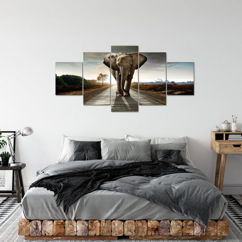 Runa Art - Bilder Afrika Elefant 200 x 100 cm 5 Teilig XXL Wanddekoration Design Braun 042651a