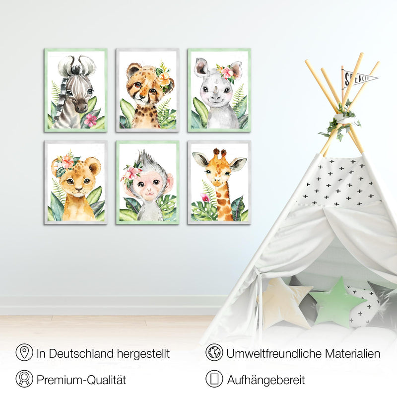 Novart Wandbilder - KEIN EXTRA RAHMEN BENÖTIGT - Kinderzimmer Mädchen Junge - Bilder Modern Tiere Afrika - Grün - N017365a