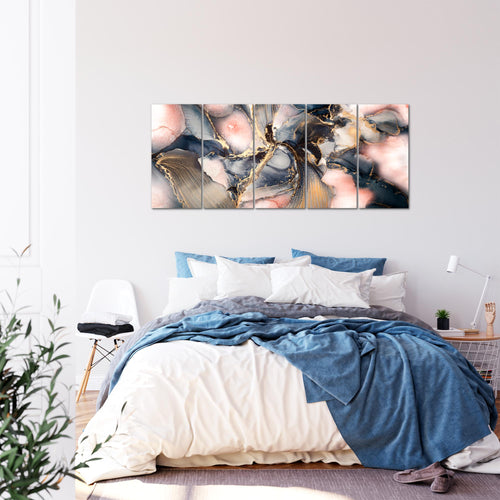 Runa Art Wandbild XXL Abstrakt Wohnzimmer Schlafzimmer 200 x 80 cm blau rosa Gold 5 Teilig - Made in Germany - 043855a