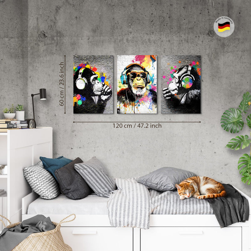 Novart Bilder Set Street Art - KEIN EXTRA RAHMEN BENÖTIGT - Wandbilder für Wohnzimmer Schlafzimmer Büro - 3 Teilig Deko Affe - N034536a