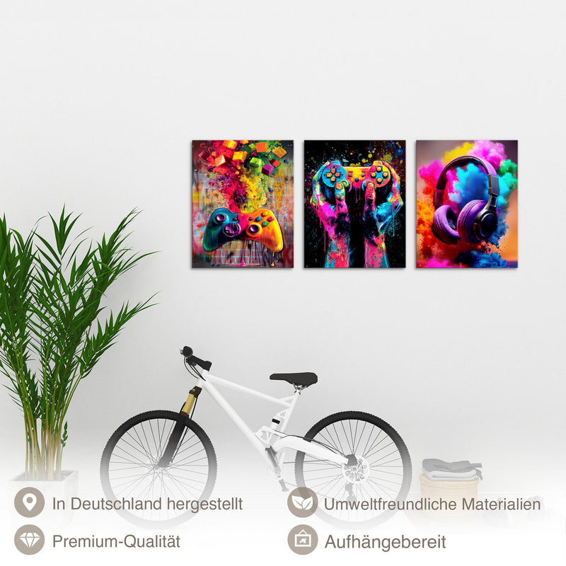 Novart Wandbilder Set Gamer - KOMPLETT AUFHÄNGFERTIG - Kinderzimmer Deko - 3 Moderne Bilder Videospiel - N041235a