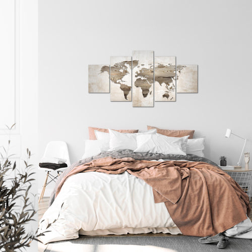 Runa Art Bild Büro Wohnzimmer Weltkarte 5 Teilig Abstrakt Beige Braun Wandbilder auf Vlies Leinwand 035053a