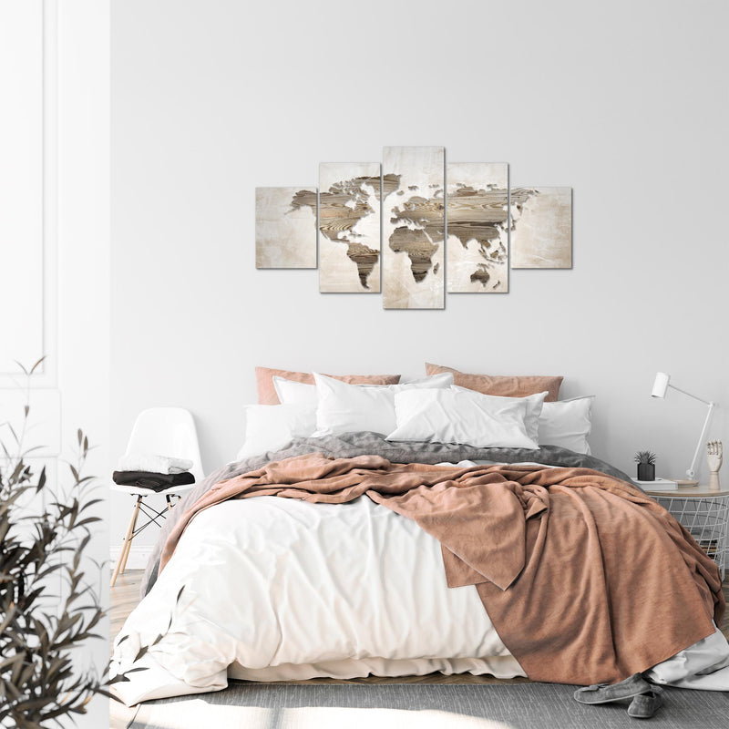 Runa Art Bild Büro Wohnzimmer Weltkarte 5 Teilig Abstrakt Beige Braun Wandbilder auf Vlies Leinwand 035053a