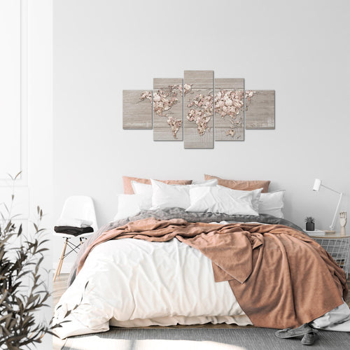 Runa Art Bild Wohnzimmer Schlafzimmer Weltkarte Blumen 5 Teilig Holzwand Beige Braun Wandbilder auf Vlies Leinwand 023253c