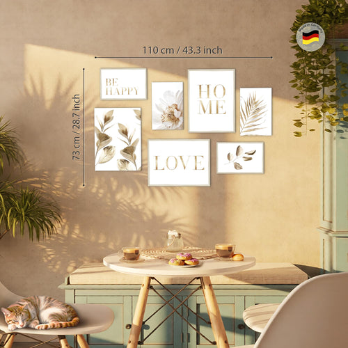 Novart Wandbilder Boho Gold Blätter - KOMPLETT AUFHÄNGFERTIG - Home Wohnzimmer Schlafzimmer - 7 Moderne Mood-Bilder - N021571a
