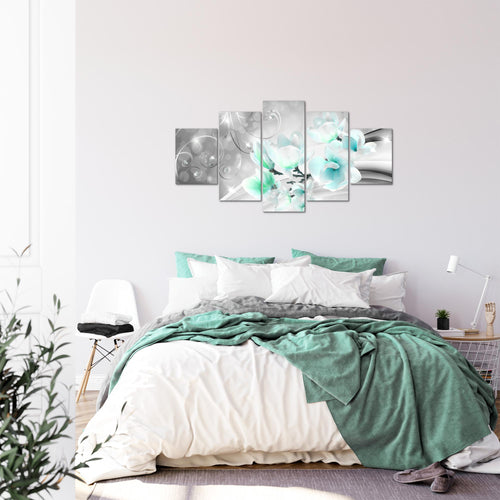 Runa Art Bild Wohnzimmer Schlafzimmer Blumen Abstrakt 5 Teilig Diamant Grau Türkis Wandbilder auf Vlies Leinwand 035353c