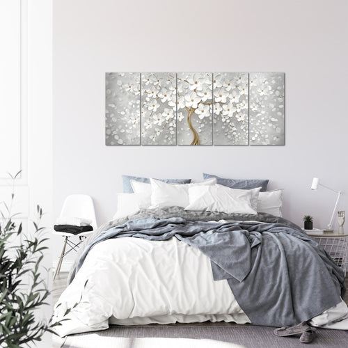 Runa Art Wandbild XXL Blumen Wohnzimmer Schlafzimmer 200 x 80 cm Weiss Gold 5 Teilig - Made in Germany - 039755a