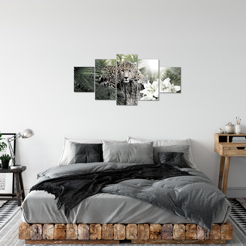 Runa Art Bild Wohnzimmer Schlafzimmer Afrika Leopard 5 Teilig Tiere Schwarz Weiss Wandbilder auf Vlies Leinwand 006753c