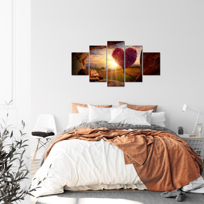 Runa Art Bild Wohnzimmer Schlafzimmer Natur Gebirge 5 Teilig Baum Herz Beige Rosa Wandbilder auf Vlies Leinwand 607653c