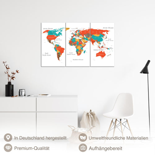 Runa Art Wandbilder Weltkarte Bild XXL Wohnzimmer Schlafzimmer Büro Weltkarte Türkis Orange 40 x 80 cm - 3 Bilder 3 Teilig 057231a