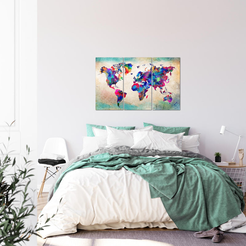Runa Art Wandbilder Weltkarte Bild XXL Büro Wohnzimmer Bunt Vintage Kontinente 120 x 80 cm 3 Teilig 013331a