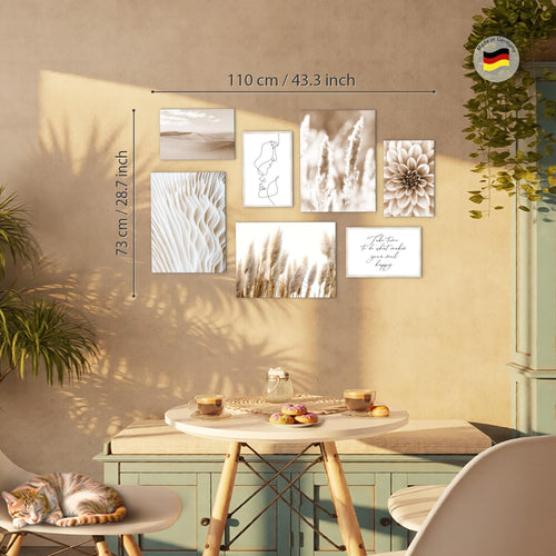 Novart Wandbilder Boho Pampasgras - KOMPLETT AUFHÄNGFERTIG - Beige Wohnzimmer Schlafzimmer - 7 Moderne Mood-Bilder - N013371a
