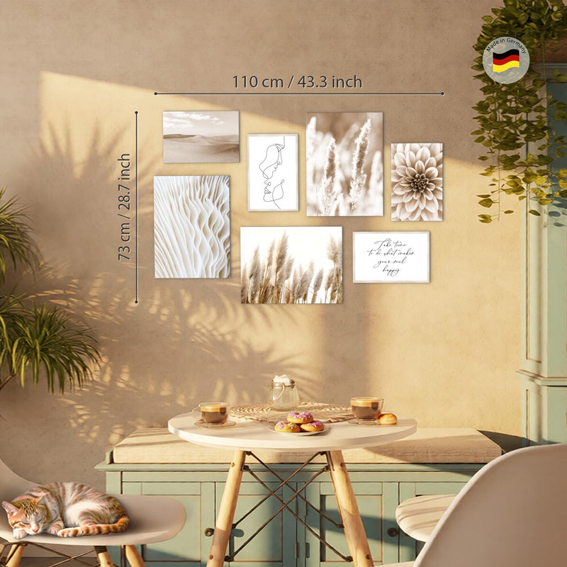 Novart Wandbilder Boho Pampasgras - KOMPLETT AUFHÄNGFERTIG - Beige Wohnzimmer Schlafzimmer - 7 Moderne Mood-Bilder - N013371a