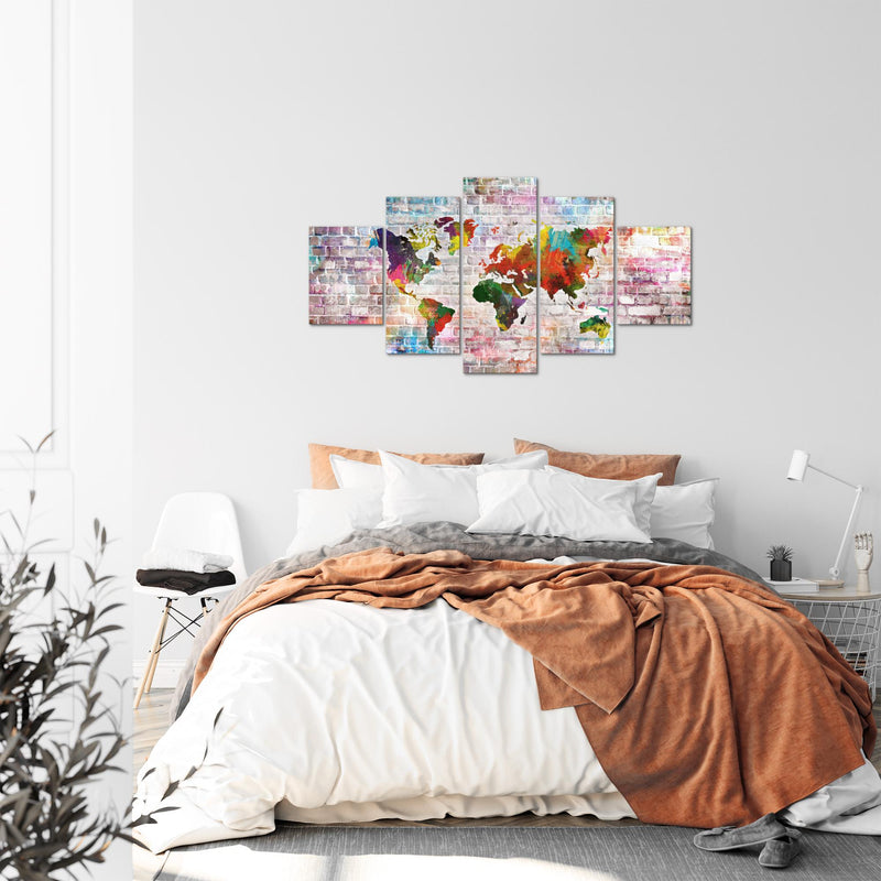 Runa Art Bild Büro Wohnzimmer Weltkarte 5 Teilig Steinoptik Ziegel Bunt Wandbilder auf Vlies Leinwand 106953a
