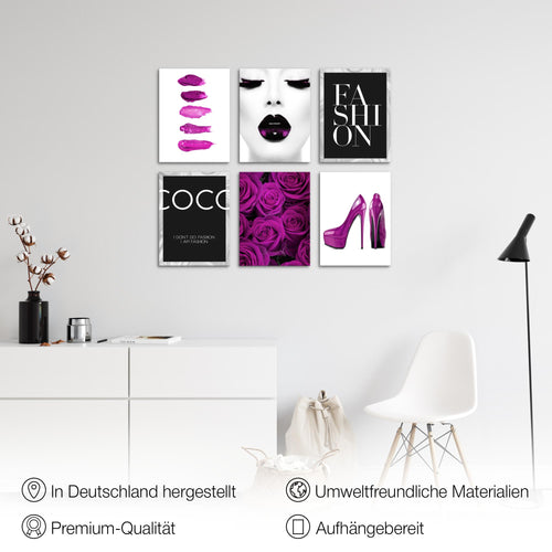Novart Wandbilder - KEIN EXTRA RAHMEN BENÖTIGT - Wohnzimmer Mädchen Teenager - Bilder Modern Fashion Coco - Schwarz Weiss Violett - N002265c